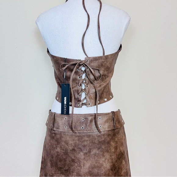 NWT Brown Leather Halter Hook N Eye Crop Top & Belted Eyelet Skort Skirt Set - Picture 8 of 15